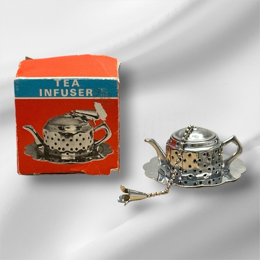 Lillian Vernon Tea Infuser Teapot Tray Stainless Steel Vintage Original Box